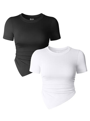 OQQ Women's 2 Piece Tops Short Sleeve Crew Neck Ruched Stretch Fitted Tee Shirts Tops Black White