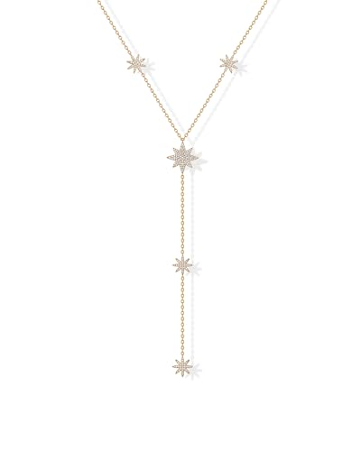 PAVOI 14K Yellow Gold Plated Drop Lariat Necklace for Women - Gold Cubic Zirconia Long Necklace - Station Star Layered Beaded Y