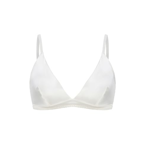 SilRiver Women's Silk Soft Cup Wireless Bra Bralette Top with Smooth Satin (White,Large)