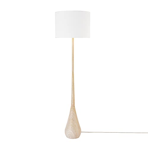 GLOBE Electric 52112 65" Floor Lamp, Faux Wood Finish, White Cotton Shade, Japandi Style, E26 Base, Modern Bedroom and Living Room Lighting