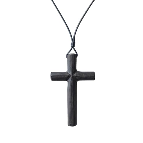 Men's Wooden Cross Necklaces Real Handcrafted Ebony Wood Cross Pendants With Leather Necklaces Men's Black Cross Necklaces Christian Baptism Crucifix Pendant for Men (Knife-patterned cross necklaces)