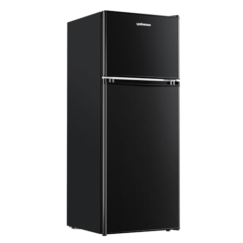 Upstreman 4.0 Cu.Ft. Mini Fridge with Freezer, Dorm Essentials, Double Door Small Refrigerator for Office, Dorm, Bedroom, Adjustable Thermostat, Large Capacity, Black-BR401