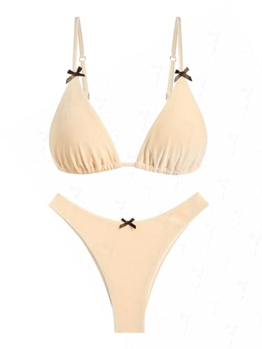 seamoly Vintage Velvet Mesh Bow Knotted Decor Triangle Chic Bikini Set, Apricot, M