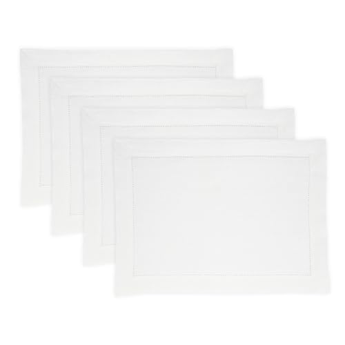 Solino Home Linen Cloth Placemats Set of 4-100% Pure Linen Medium Weight Hemstitch White Placemats 14 x 19 Inch - Handcrafted and Machine Washable Table Place Mats for Summer