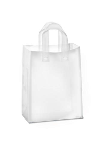 Purple Q Crafts Frosted Plastic Gift Bags 100 Pack 8" x 10" x 4" Clear Frosted Bags with Soft Loop Handles and Cardboard Insert, for Gifts Retail and More