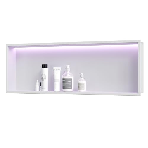 Qeke Stainless Steel Shower Niche 36" X 12", No Tile Needed Wall Niche with RGB Led Light, Recessed Shower Shlef for Bathroom Storage Over Mount Installation, Matte White