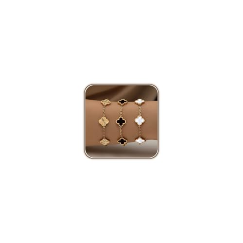 HAITTY 18K Gold Plated Clover Bracelet Set for Women White/Black/Gold/Silver/Green/Pink Adjustable Link Double-Sided Lucky Bracelets Trendy Bracelets Set Jewelry Gifts for Women Men
