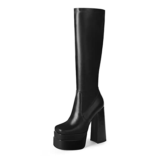 wetkiss Knee High Platform Boots - Stretch Leather Black Gogo Boots with Square Toe and Chunky Heel for Women - 70s Inspired Tall Boot