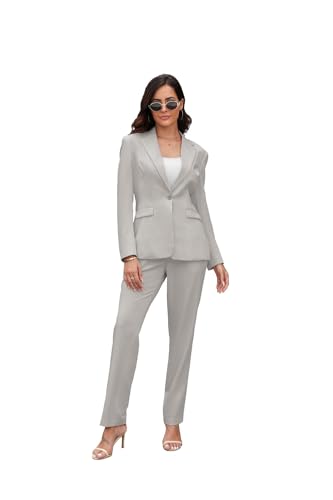 Women's Suits for Work Professional, 2 Piece Office Work Suit Set, Slim Fit One Button Blazer Jacket and Pants Set Light Grey L