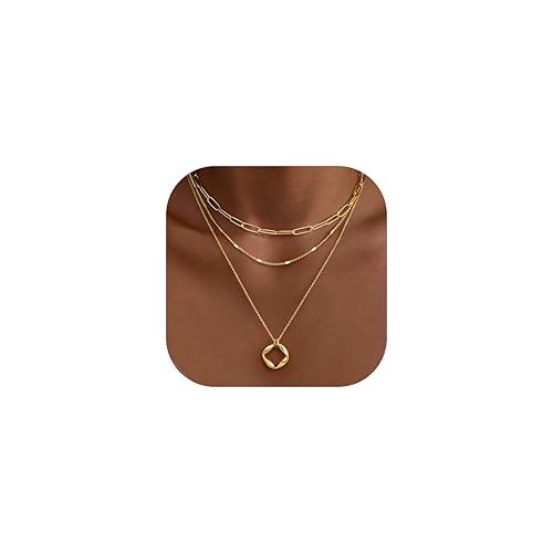 Gold Layered Necklaces for Women,14k Gold Plated Dainty Stackable Choker Necklaces for Women,Trendy Layering Circle Paperclip Chain Pendant Jewelry Set Gifts