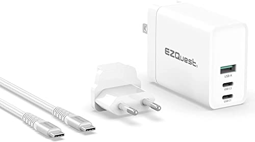 EZQuest 120W USB C Charger - 2X USB-C, 1X USB-A Port, with 2 Meter USB C Charger Cable Fast Charging Block or GAN Charger - EU Converter Compatible for MacBook Pro, iPad Pro & Other Type C Devices