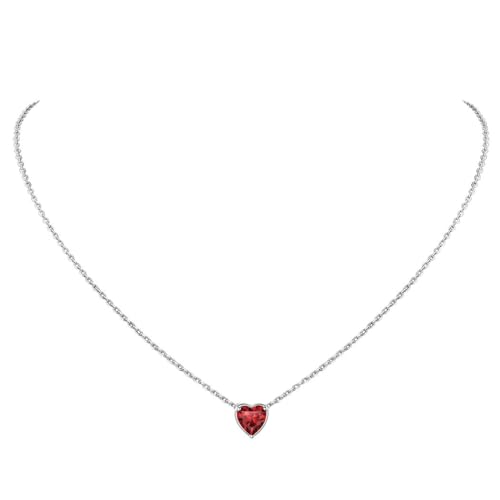 Suplight January Birthstone Necklace 925 Sterling Silver Small Garnet Red Heart Necklace for Women