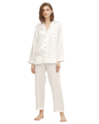 LilySilk Silk Pajamas for Women Button Up Pajamas Set for Ladies Girls Soft Maternity Pajamas Birthday Bridal Party Gift for Christmas Anniversary Valentine's day, Natural White S