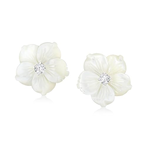 Ross-Simons Italian Mother-Of-Pearl and .40 ct. t.w. CZ Flower Earrings in Sterling Silver