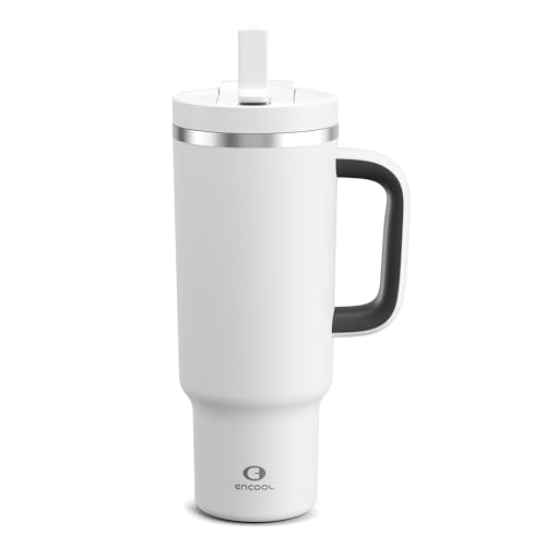 ENCOOL 40 oz Tumbler with Handle and Straw: Stainless Steel Insulated Tumbler Keeps Cold for 24 Hours, Leakproof Travel Cup Fits in Cup Holder and BPA-Free, Polar White