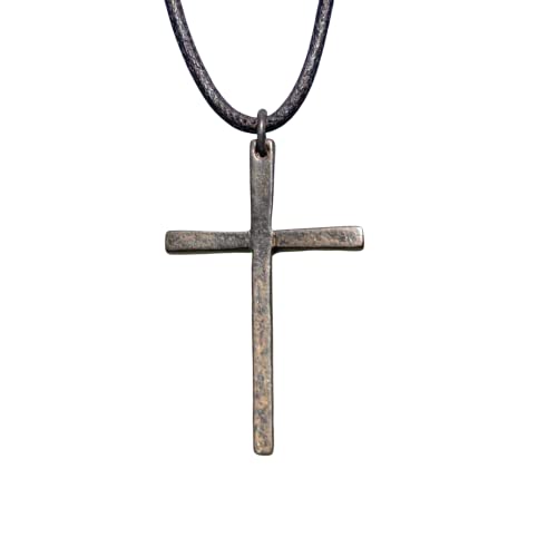 Silver Thin Simple Cross Necklace - Catholic Men Jewelry, Women Religious Gifts, Faith and Believes, Mens Crosses, Father Day, Baptism Ceremony, Christian Accessories (Rustic Brown)