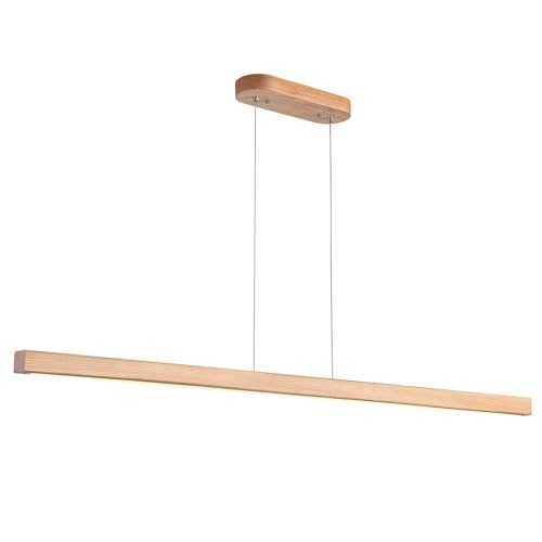 55" Wood Linear Pendant Modern Kitchen Island Light Fixture with Remote Solid Wooden Hanging Ceiling Light Chandeliers for Dining Room Kitchen Pendant Lighting Over Island Natural