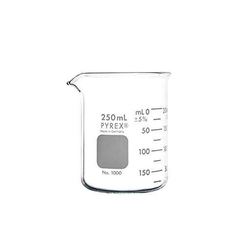 PYREX Griffin Borosilicate Glass Beaker- Low Form Graduated Measuring Beaker with Spout– Premium Scientific Glassware for Laboratories, Classrooms or Home Use - PYREX Chemistry Glassware, 250mL, 12/Pk