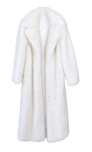 Vickstco Fluffy White Faux Fur Overcoat,Warm Outwear Parka Long Coat with Sleeves