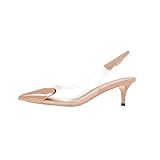 VogueVent Women's Kitten Heel Transparent Slingback Pumps Pointed Toe Clear PVC Slip On Backless Cap Toe Cute Heart Mid Heel Patent Leather Elegant Sexy Slingbacks Heels Nude Size 8