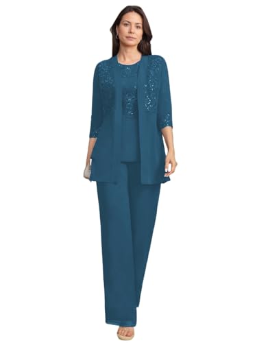 3 Pieces Mother of The Bride Pant Suits with Jackets Laces Sequin Chiffon Mother of The Groom Dresses Teal
