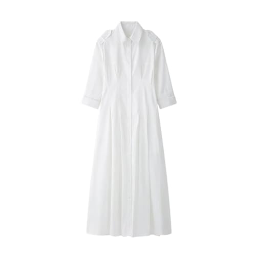 Women's Long Sleeve Shirt Dress with Collar Pleated Design Comfortable Daily Wear Dresses White M