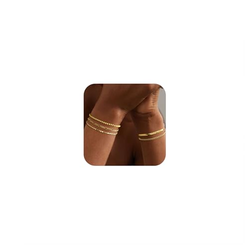 DEARMAY Dainty 14K Gold Chain Bracelets for Womens Trendy Waterproof Real Gold Plated Jewelry Set Fashion Stackable Beaded Figaro Herringbone Link Bracelet Pack Stack Gifts for Women