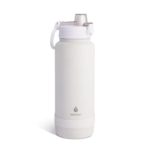 Manna Push Stainless Steel Bottle with Push-open Locking Lid and Sipping Spout - 40 Oz - White Powder Coat