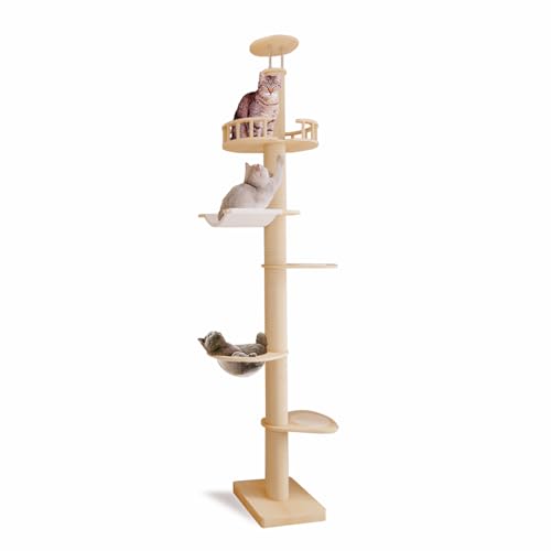 Tall Cat Tower Floor to Ceiling Cat Tree with Natural Sisal Rope Scratching Post/Pedal/Fenced/Transparent Cat Bed,Height 82-117 inch, Adjustable Tall Cat Climbing Tree,Multi-Style (Deluxe Style 4)
