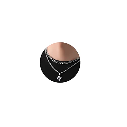 WEDDINEN Silver Initial N Necklace for Men, Layered Stainless Steel Letter N Pendant Necklaces Chain Jewelry Valentines Gifts Him Male Teen Collar Cadenas Para Hombre