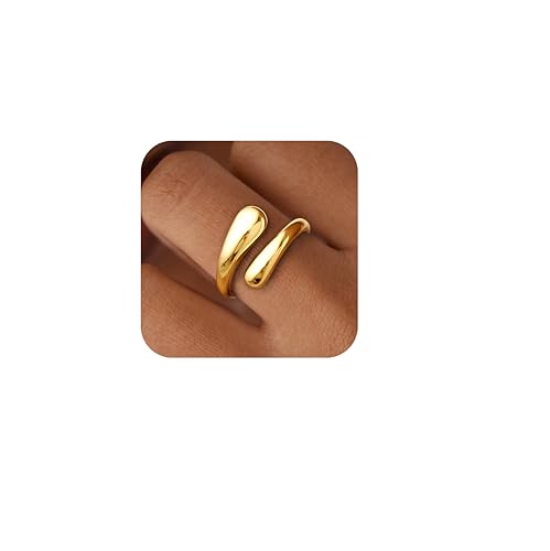 Gold Wedding Band Rings for Women Size 9, Adjustable Signet Stainless Steel Statement Rings, 14K Gold Plated Jewelry