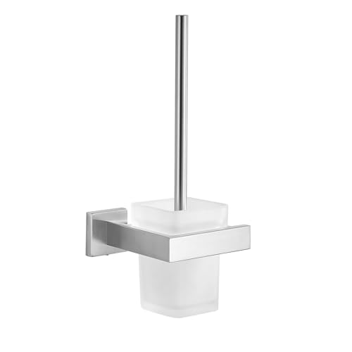 TINYROW Toilet Brush Glass Wall Mounted Toilet Bowl Brush and Holder Toilet Brush Holder Bathroom Square Brushed Nickel