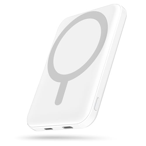 podoru for Magsafe Battery Pack, 5000mAh Magnetic Power Bank with Type-C Cable 20W PD Fast Charging Lighting Input Wireless Portable Charger for iPhone 16/15/14/13/12/ All Series-White