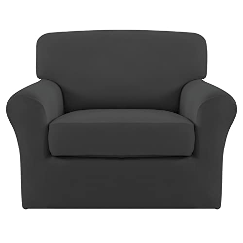 Easy-Going 2 Pieces Microfiber Stretch Chair Slipcover – Spandex Soft Fitted Sofa Couch Cover Washable Furniture Protector with Elastic Bottom Kids Pet Dark Gray