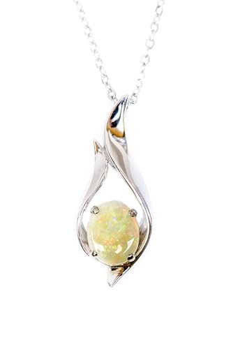 Genuine Natural Opal Necklace - Authentic Australian Solid White Opal Pendant Necklace in 925 Sterling Silver White Gold Plated Women's Jewelry (Solid White Opal)