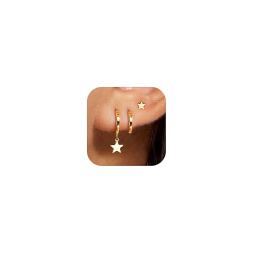 GUOKE Gold Hoop Earring - Star Earrings 14K Gold Plated Earring Stacks Simple Dainty Huggie Earrings for Women Trendy, 3 Pairs
