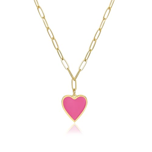 CANDYFACNY Heart Enamel Pendant Necklace for Women Gold Plated Love Paperclip Chain Necklaces Cute Preppy Heart Hot Pink Enamel Pendant Necklaces Trendy Jewelry Gifts
