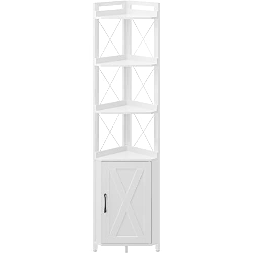 Rolanstar Corner Shelf with Doors, Corner Cabinet with Shelves, 6 Tier Corner Bookshelf, Freestanding Corner Storage Stand for Bathroom, Kitchen, Living Room, White