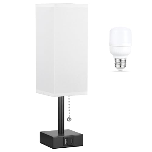 White Small Table Lamp for Bedroom - 3 Color Temperature 3000K 5000K 4000K Bedside Lamp, Pull Chain Control, USB A and C Charging Ports, Black Base, for Kids Office Dorm Nightstand, Bulb Included