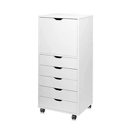 DEVAISE 5-Drawer Wood Dresser with Top Cabinet Storage, Mobile Chest of Drawers, Wide Storage Space for Home Office, White