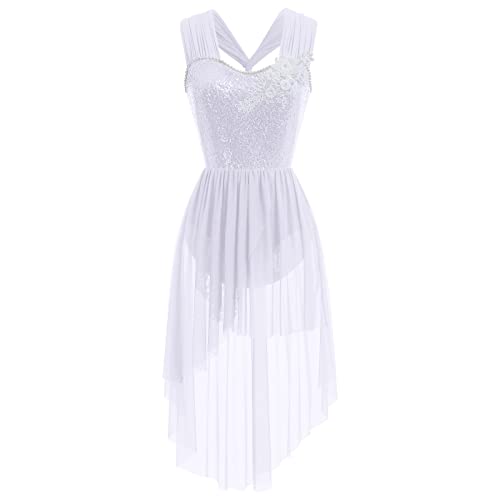 AFAVOM Sequin Flower Lyrical Dance Dress for Women Adult Contemporary Dance Costume Halter Backless Cross Straps Leotard with High Low Flowy Mesh Skirt Lyrical Dancewear Ballet Outfit White S