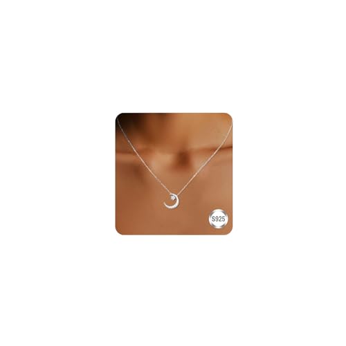 SeanLov Sterling Silver Crescent Moon Star Necklace Fine Cubic Zirconia Material Simple Fashion Moon Pendant Necklace, Valentine's Day Gift for Women, Wives and Mothers as a delicate and simple jewelry for daily wear.