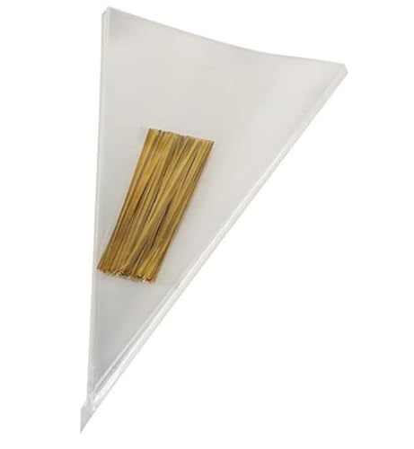 Muyindo 100 Pieces (7x15 Inch) Clear Cone Bags with Twist Ties for Candies, Cookies, Popcorn, Sweets, Chocolates and More; Perfect for Birthday, Wedding, Halloween, Christmas and Other Social Events