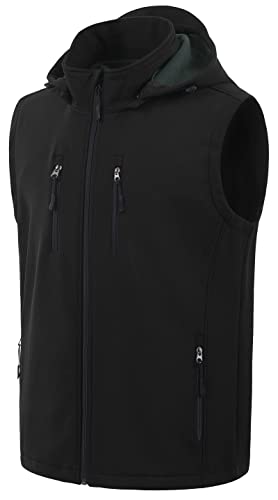 CREATMO US Men's Windproof Sleeveless Jacket Full-Zip Windbreaker Vest Outdoor Golf Travel Hiking Work Hooded Vest Black 2XL
