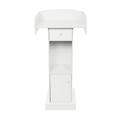Wooden Podium Stand with Storage Shelves and Drawer, Floor Standing Lectern Presentation Pulpit, 48.8" Conference Speaking Desk for Churches Schools Offices Seminars (White)