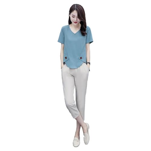 UKTZFTBMTS Women's Tracksuit Summer Korean Linen Loose Casual 2 Piece Set-Blue-Medium