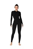 Sunzel Long Sleeve Jumpsuits for Women, Ribbed One Piece Casual Yoga Workout Zip Front Bodysuits, Legging Fit & Thumbhole 28" Inseam Black Medium