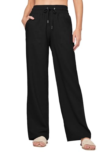 Willit Women Linen Pants Wide Leg Casual Palazzo Pants Cotton Linen Lounge Beach Summer Pants with Pockets 31" Black XL