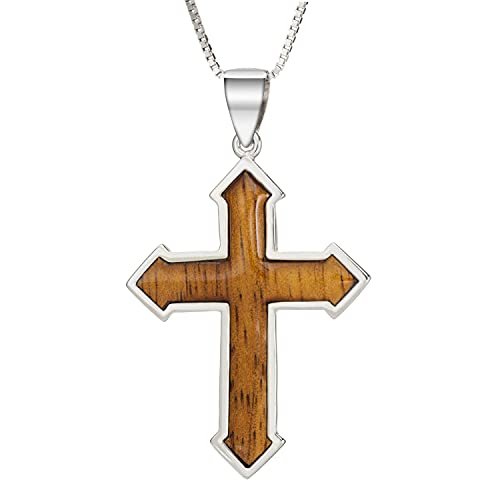 Aloha Jewelry Company Sterling Silver Koa Wood Inlay Cross Crucifix Necklace Pendant with 18" Box Chain, Nickel Free Hypoallergenic for Sensitive Skin, Gift Box Included (Pointed Cross)