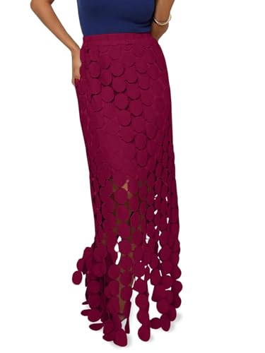 Cicy Bell Womens Hollow Out Maxi Skirts Summer High Waisted Boho Fringe Hem Long Skirt Burgundy
